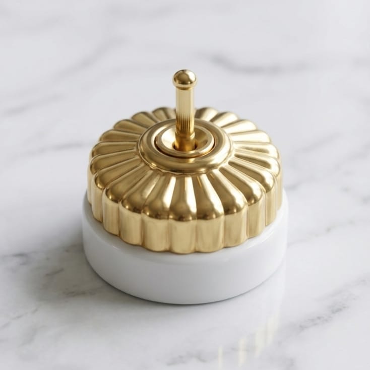 Vintage Style Brass/Pital Designer Electrical Toggle Switch | Art Deco Design | White Ceramic Base | Classic Series | 220V 6A | Heritage Electrical Hardware