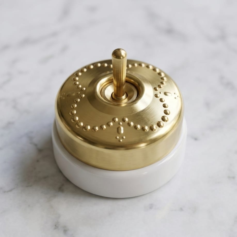 Vintage Style Brass/Pital Designer Electrical Toggle Switch | Embossed Design | White Ceramic Base | Classic Series | 220V 6A | Heritage Electrical Hardware